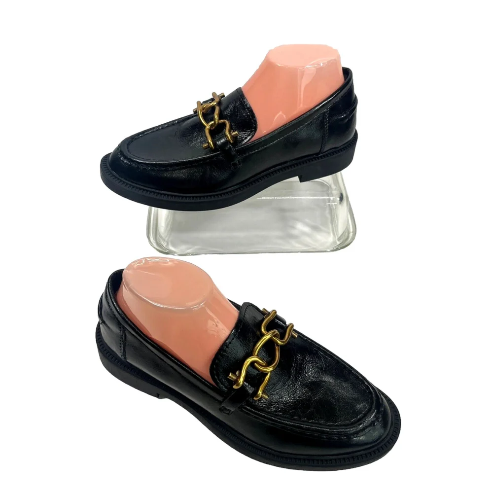 Steve Madden Womens Black Leather Loafer Shoes Gold Chain Size‎ 9.5M Office